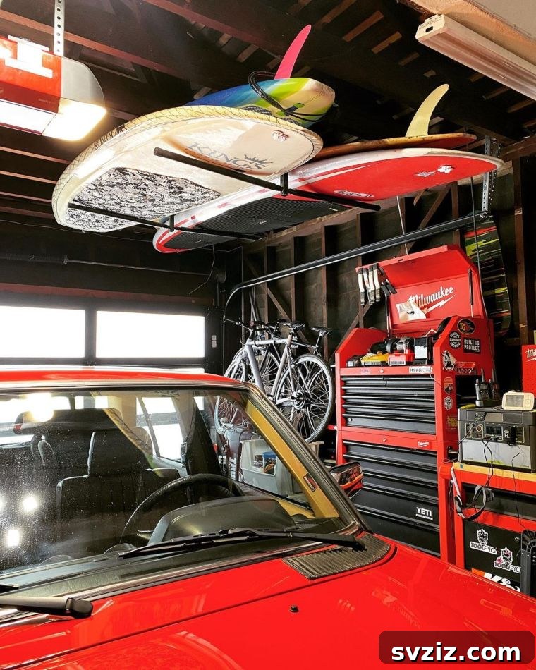 21 Genius Garage Ceiling Storage Ideas for Ultimate Space Saving 4 Overhead surfboard rack for garage