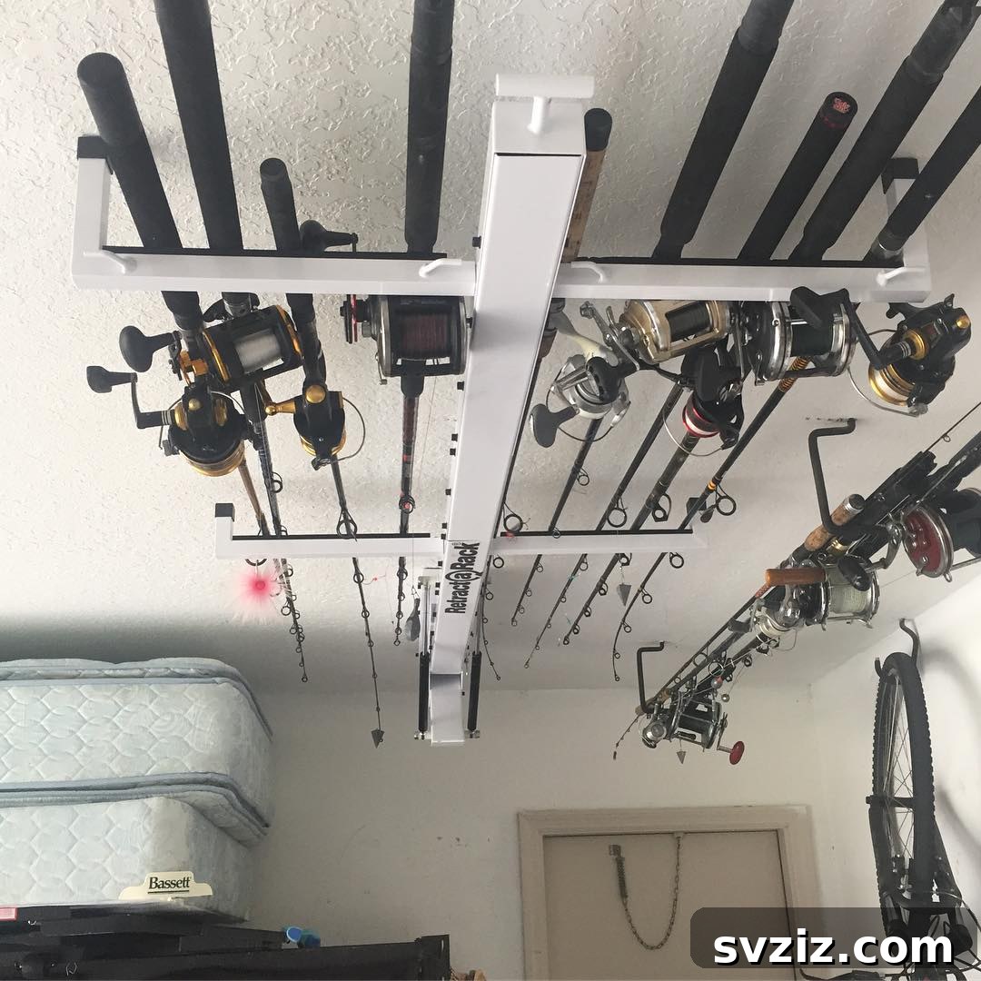 21 Genius Garage Ceiling Storage Ideas for Ultimate Space Saving 8 Overhead fishing rod storage solution