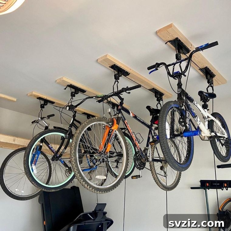 21 Genius Garage Ceiling Storage Ideas for Ultimate Space Saving 10 Overhead bike hoist system for garage