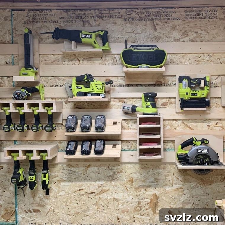 Wooden pedestals for tool storage, creating an elevated display