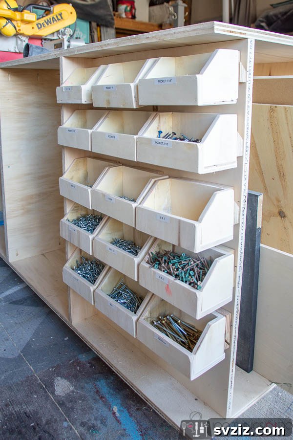 DIY wooden storage bins for small parts on a workbench