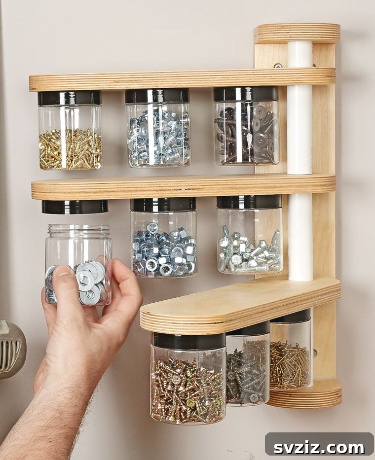 DIY wall-mounted swivel storage rack for small parts in jars