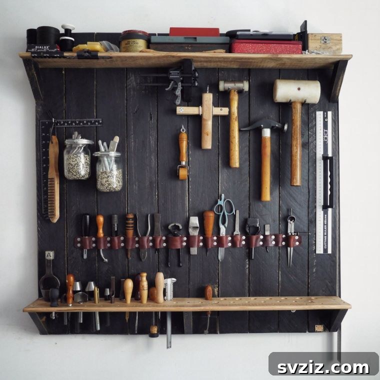Rustic wood and leather tool rack displaying hand tools