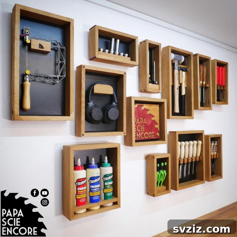 Stylish workshop wall organization using wooden box frames for tools