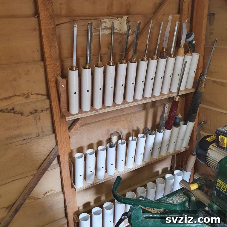 DIY tool organizer made from PVC pipes on a shelf