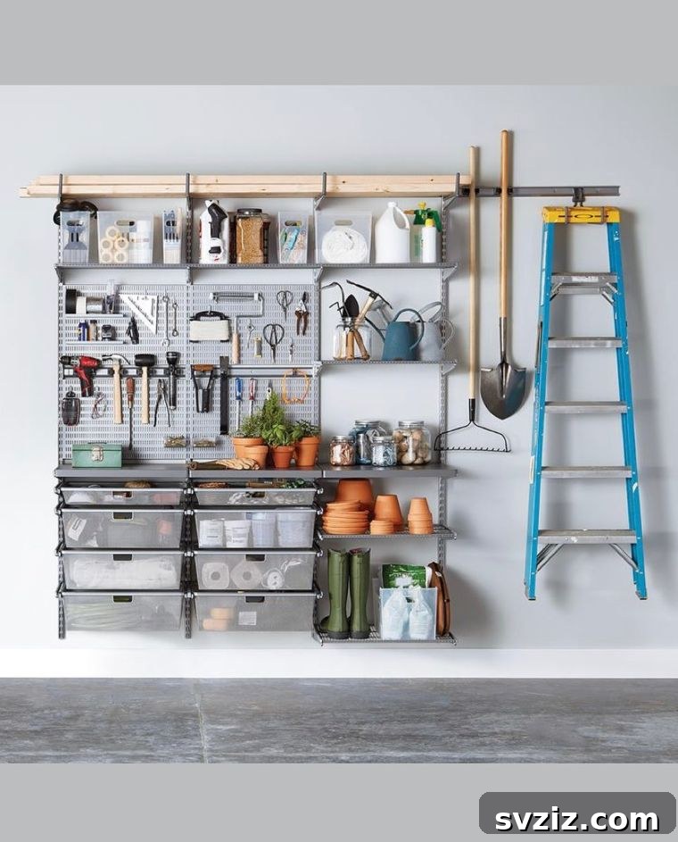Robust floating metal shelves with pegboard backing for garage organization
