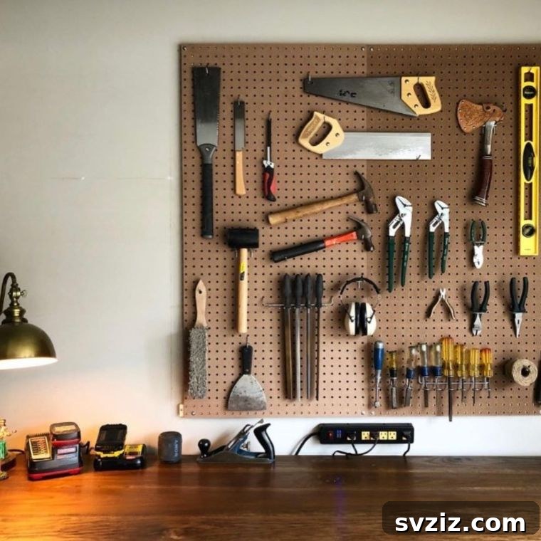 Workbench with integrated storage above and below using pegboard and crates
