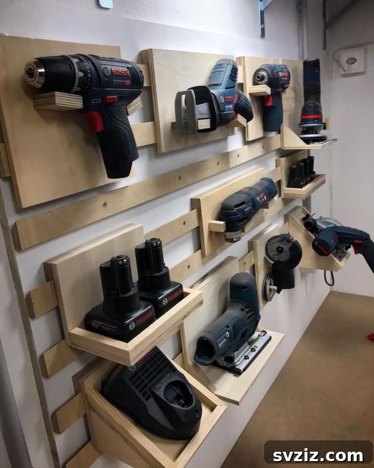 Workshop wall with a French cleat system for custom tool storage
