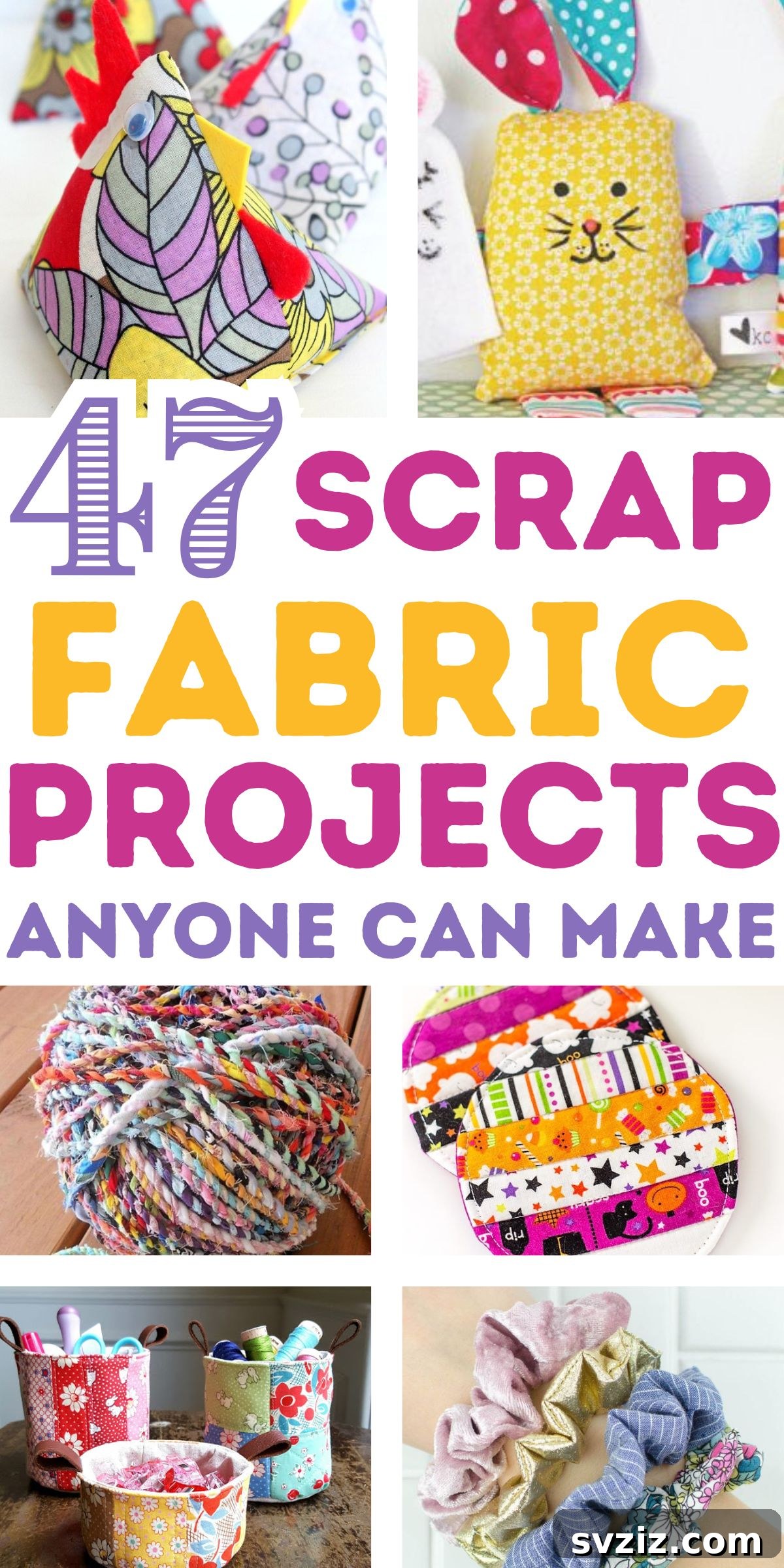 A vibrant collection of finished scrap fabric crafts, showcasing diverse upcycling ideas.