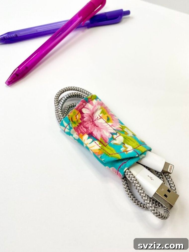 DIY Fabric Cord Wrap for organized cables, made from fabric scraps.