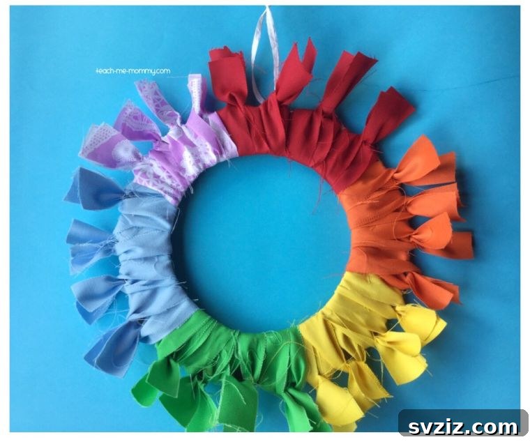 Vibrant Rainbow Scrap Fabric Wreath for cheerful home decoration.