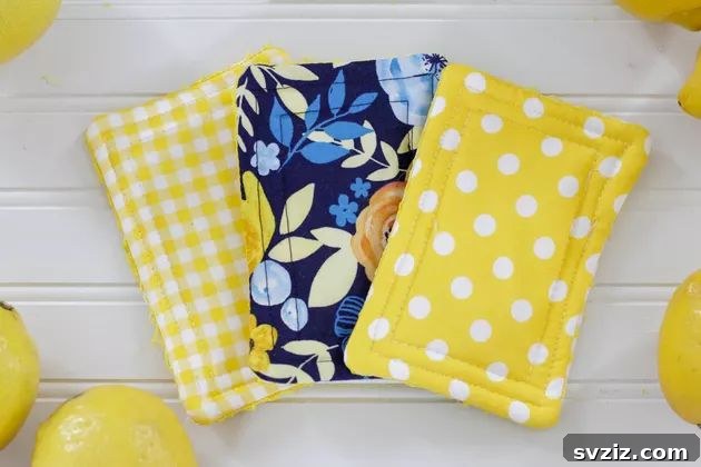 Eco-friendly Reusable Cloth Sponges from bright fabric scraps for kitchen use.