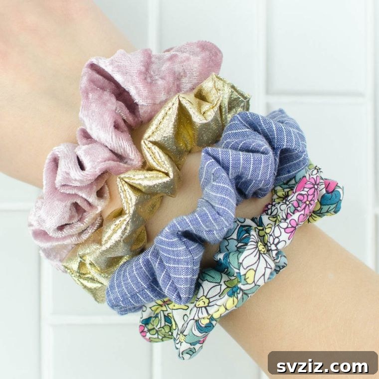 Fashionable Scrappy Scrunchies made from fabric leftovers, a quick sewing project.