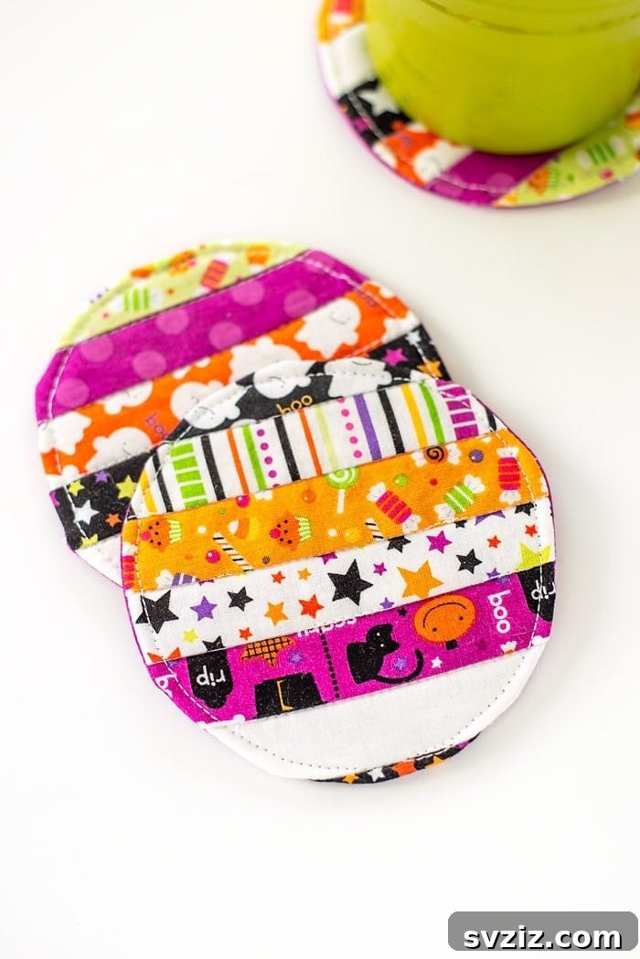 Elegant Quilted Fabric Coasters crafted from various fabric scraps.