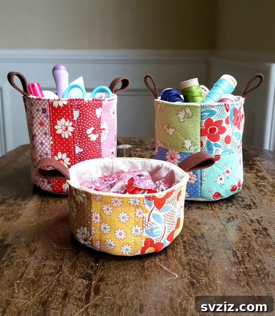 Charming Patchwork Bucket with sturdy leather handles for storage.