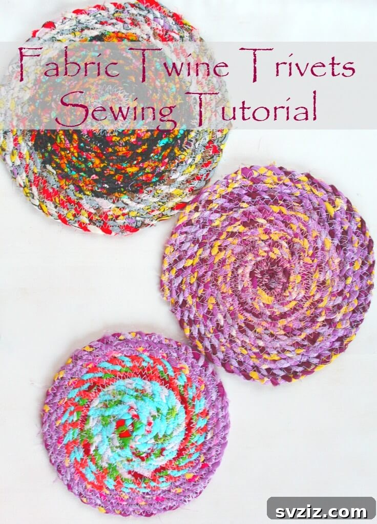 Durable Fabric Trivets made from coiled fabric twine, protecting surfaces.