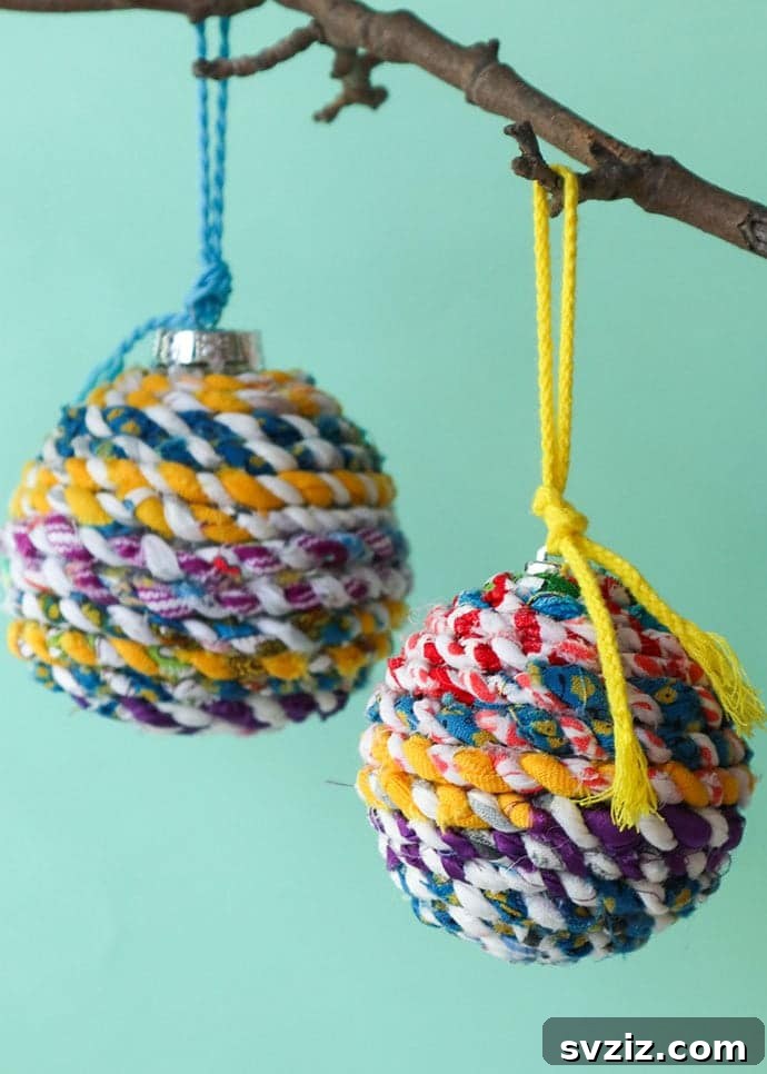Festive Recycled Christmas Ornaments made from fabric twine and scraps.