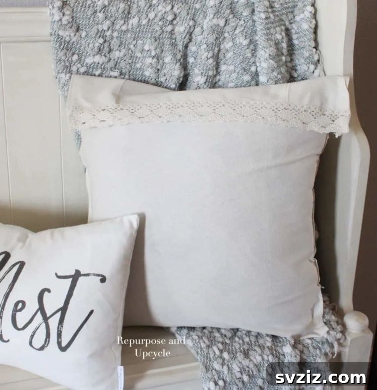 Easy Upcycled No-Sew Pillow Cover crafted from an old tablecloth.