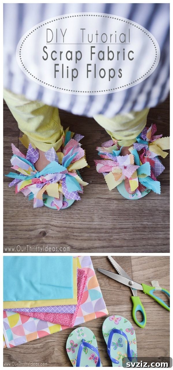 Colorful Scrappy Flip Flops made from a variety of fabric scraps.
