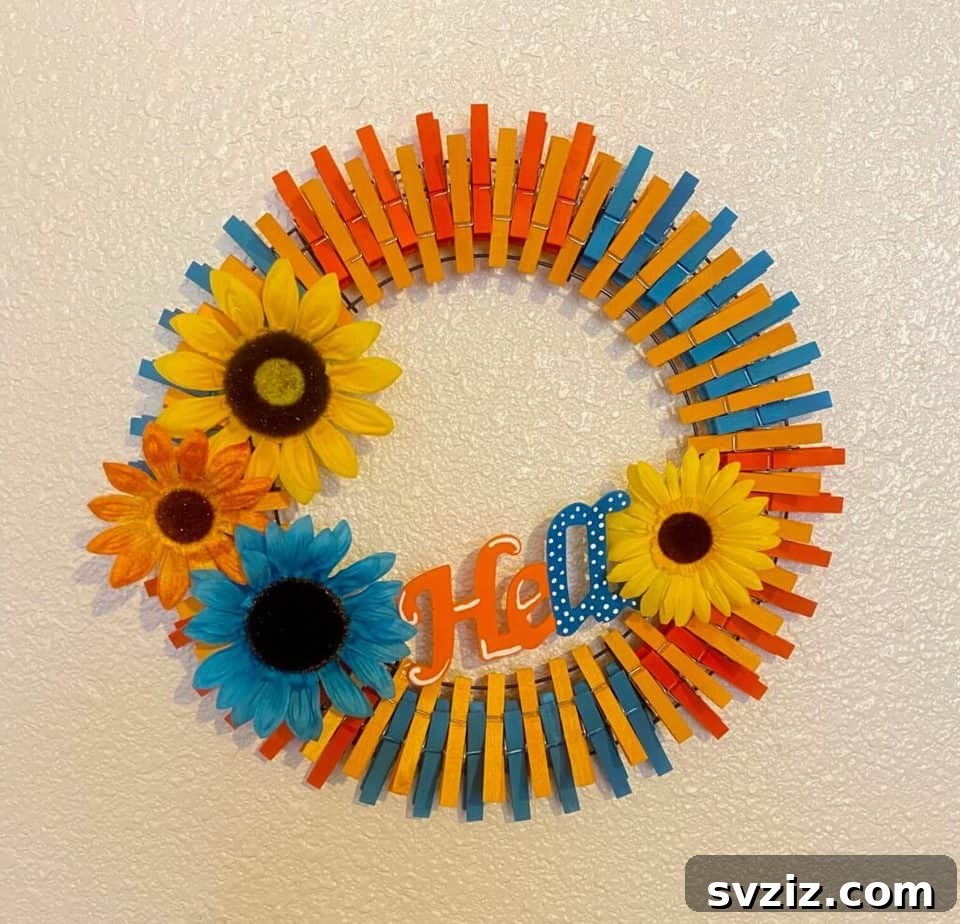 Summer Door Magic: 27 DIY Wreath Creations 11 Unique Sunflower Clothespin Wreath for summer