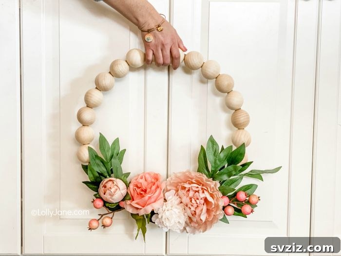 Summer Door Magic: 27 DIY Wreath Creations 12 Versatile Wood Bead Floral Wreath with seasonal flowers
