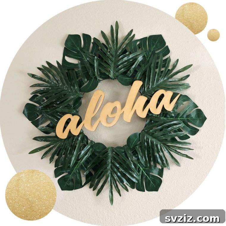 Summer Door Magic: 27 DIY Wreath Creations 15 Tropical Aloha Wreath with faux palms and gold lettering
