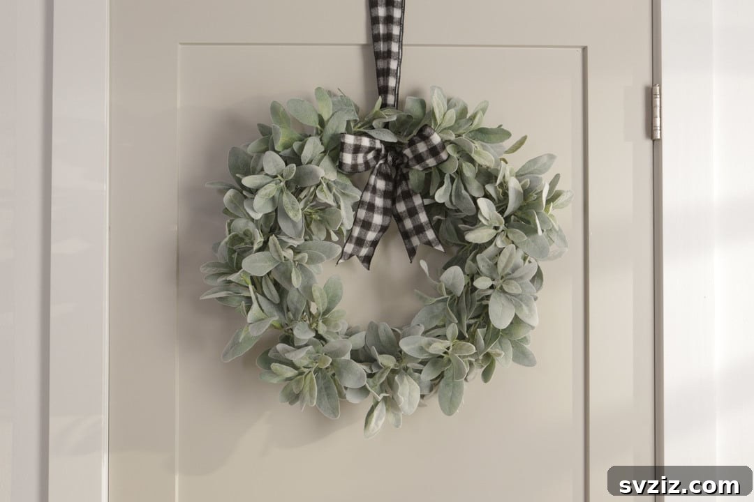 Summer Door Magic: 27 DIY Wreath Creations 18 Elegant Lamb's Ear Wreath with buffalo check bow