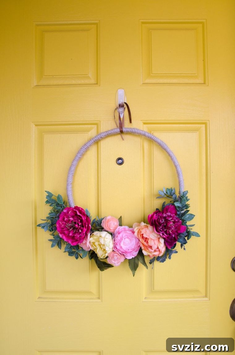 Summer Door Magic: 27 DIY Wreath Creations 25 Elegant Modern Embroidery Hoop Wreath on a colorful door