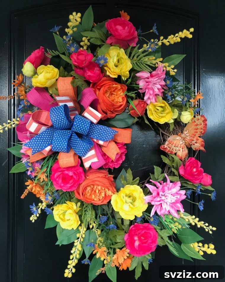 Summer Door Magic: 27 DIY Wreath Creations 28 Colorful Summer in Bloom Wreath with multiple floral elements