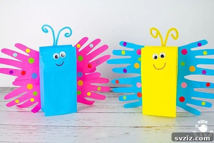 31 Fun Toddler Crafts They'll Adore 24 Paper bag butterfly puppet craft with handprints