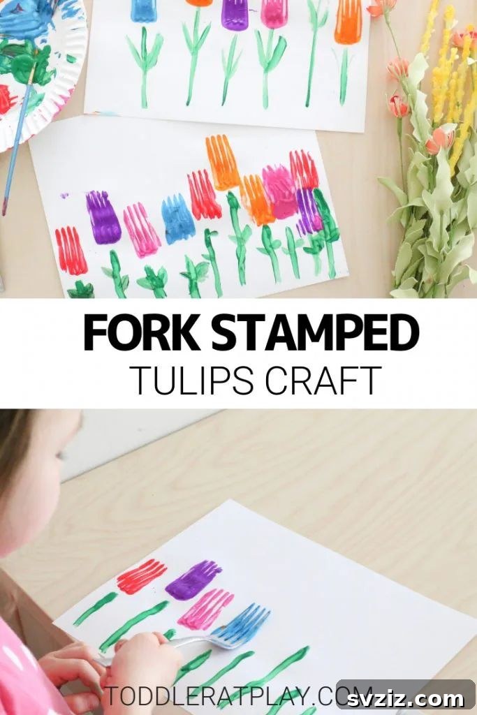 31 Fun Toddler Crafts They'll Adore 31 Fork stamped tulip craft for creative texture