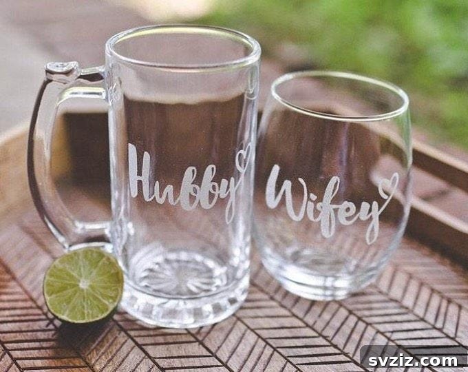 Crafted Wedding Gifts: High-End Style, Wallet-Friendly Price 32 Custom Hubby Wifey Glass Set, a fun and personal gift for newlyweds