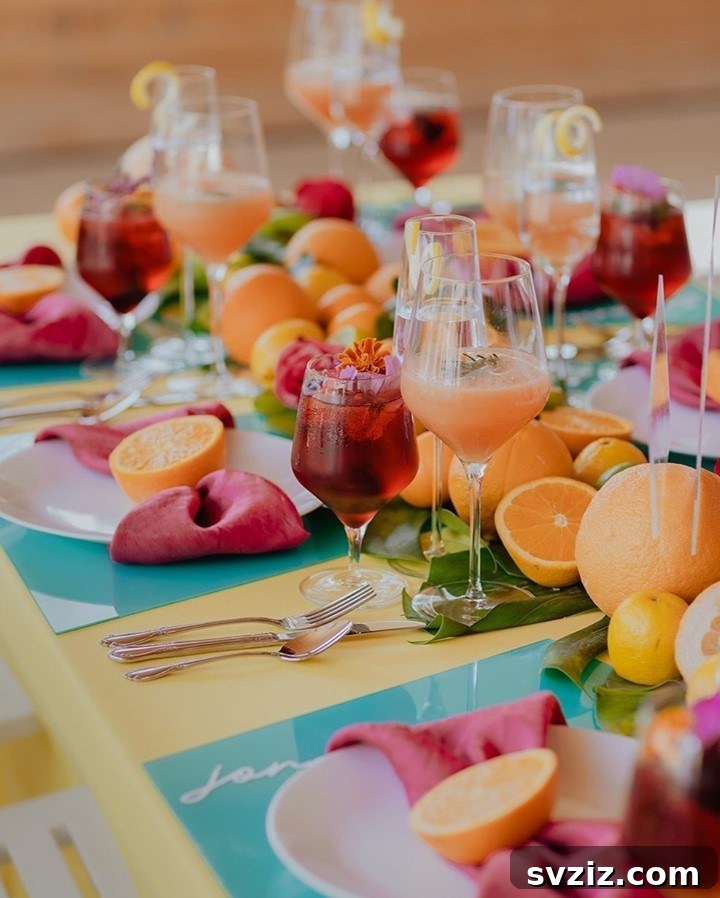 Vibrant wedding table decor with a fruit and flower centerpiece, perfect for a mimosas and tart colors theme.