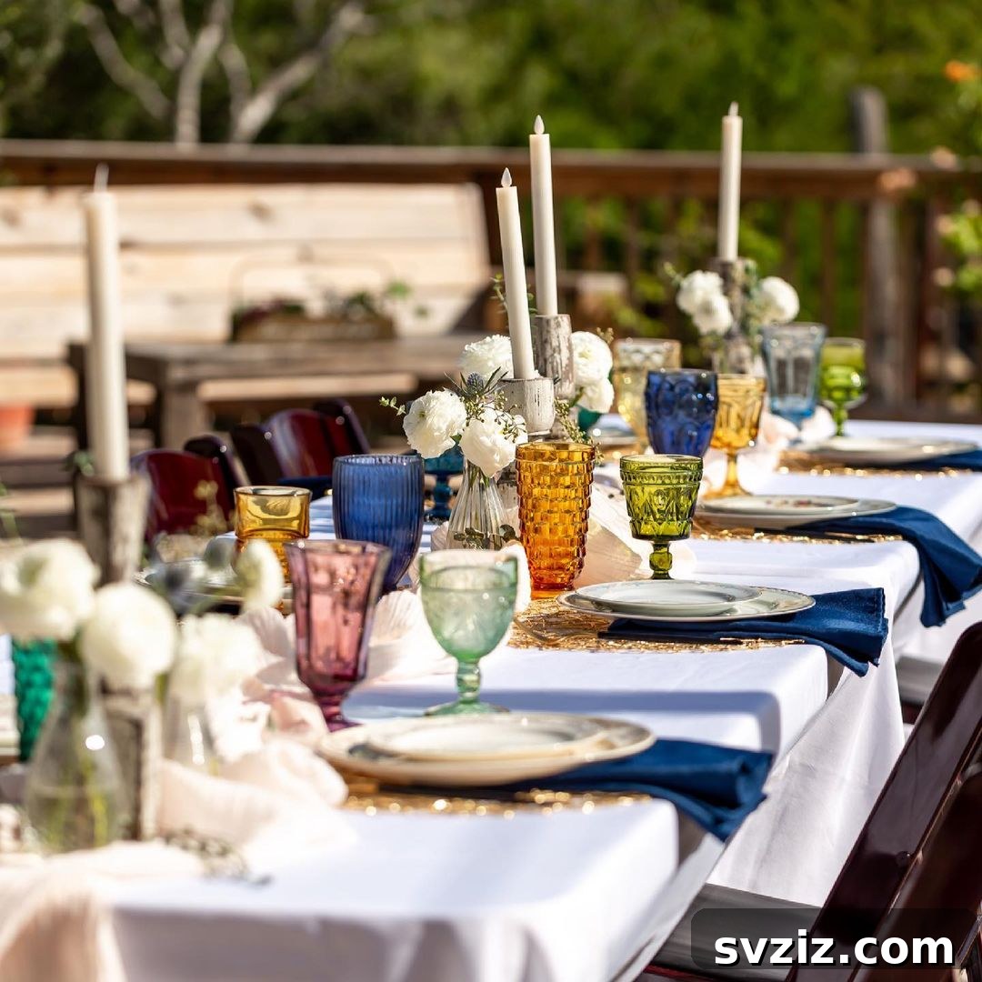 Charming wedding table accented with unique vintage glassware for character and color.