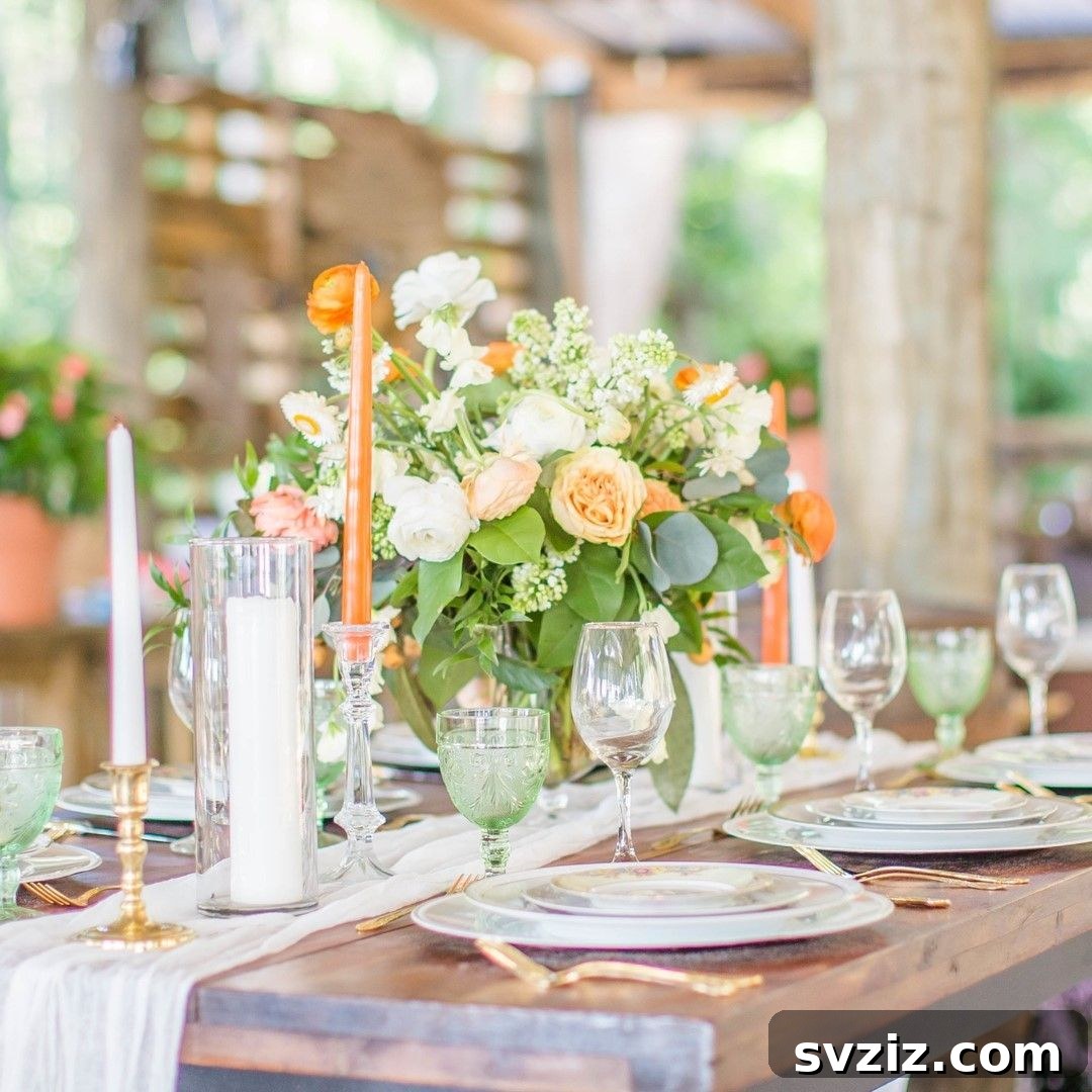 Wedding table with a stunning orange to ivory rose gradient and vibrant green goblets.