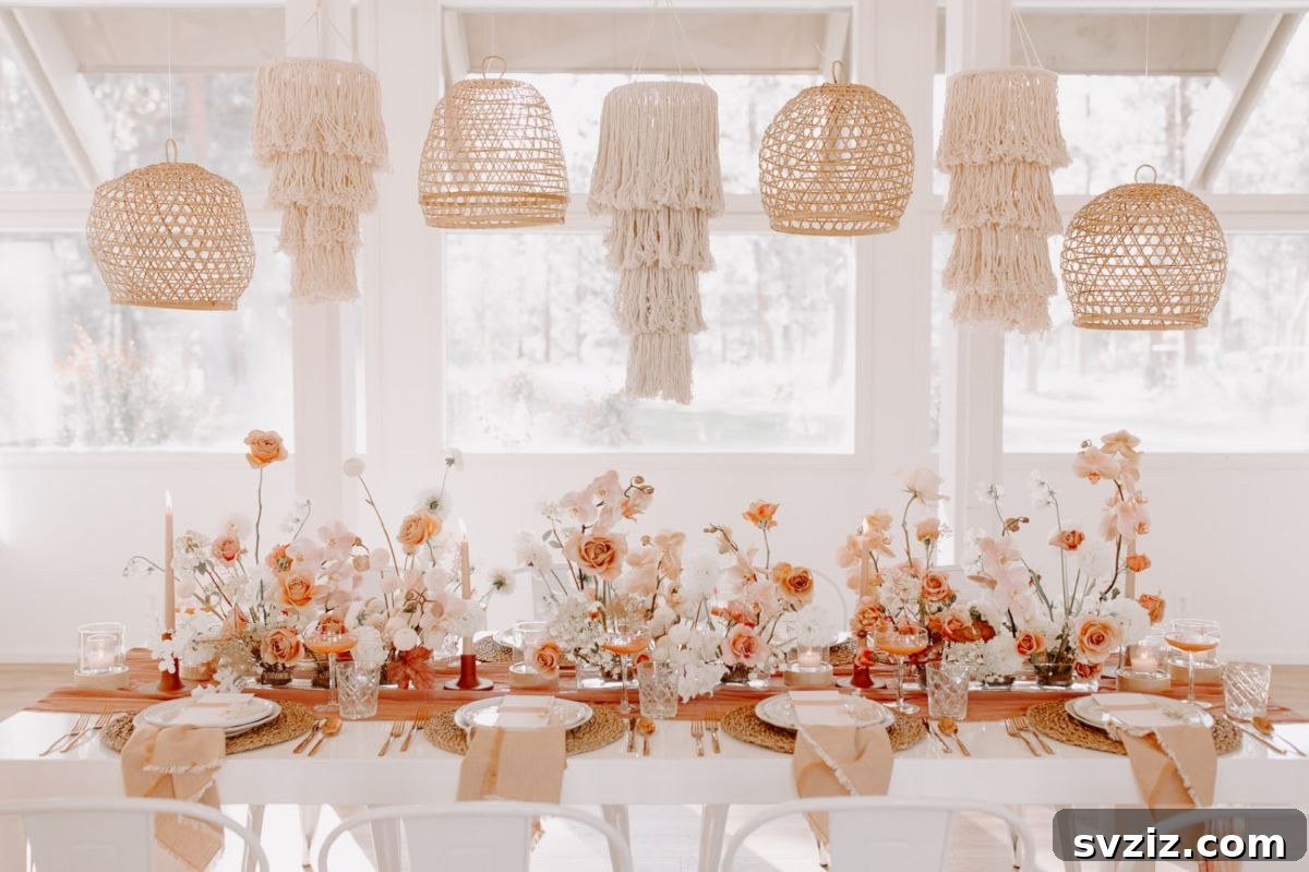 Boho-Chic Wedding Table Decor featuring coral flowers, macrame, and braided placemats.