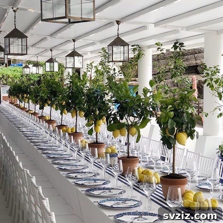 Wedding table lined with potted lemon trees and bowls of fresh lemons, creating an orchard dining experience.