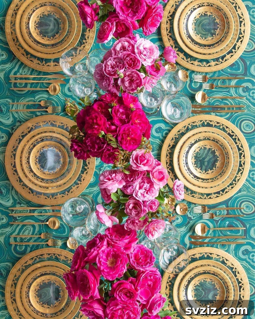 Exotic Cruise Wedding table decor with vibrant teal and lime swirls, gold filigree dinnerware, and fuchsia peonies.