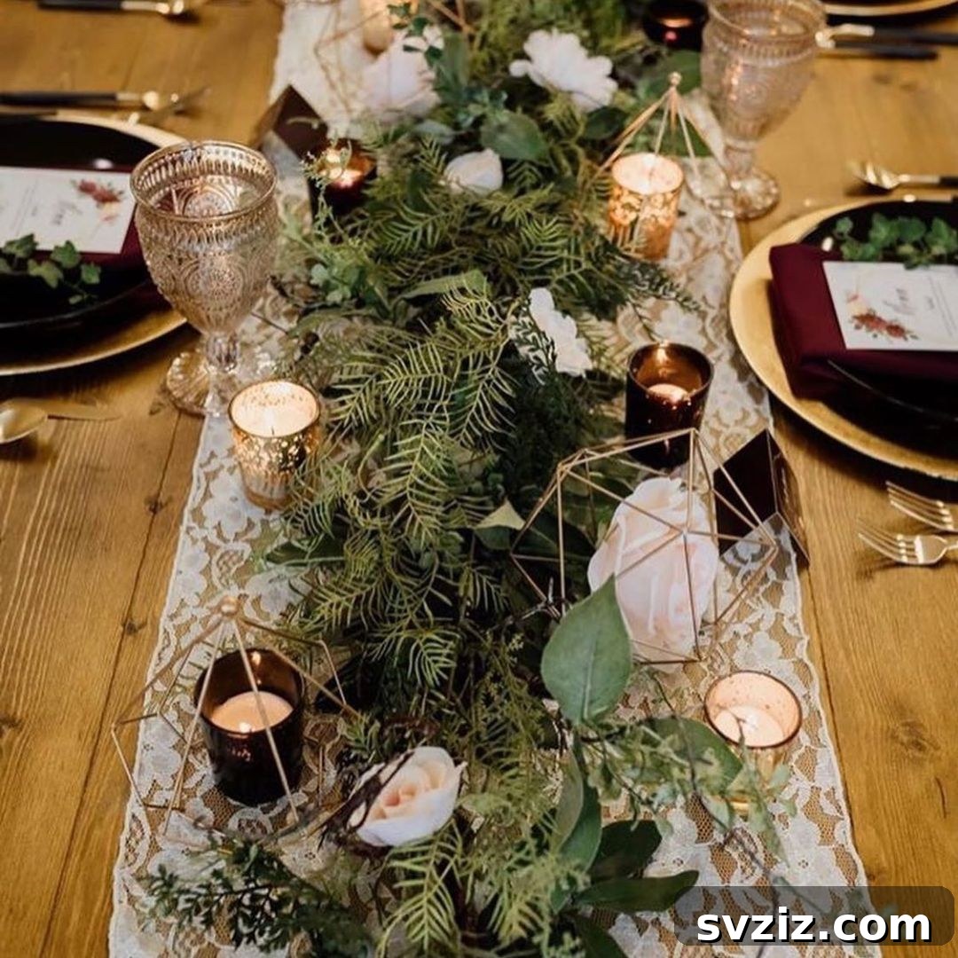 Wedding table with vintage lace, golden lights, geometric tealight holders, and elegant glassware.