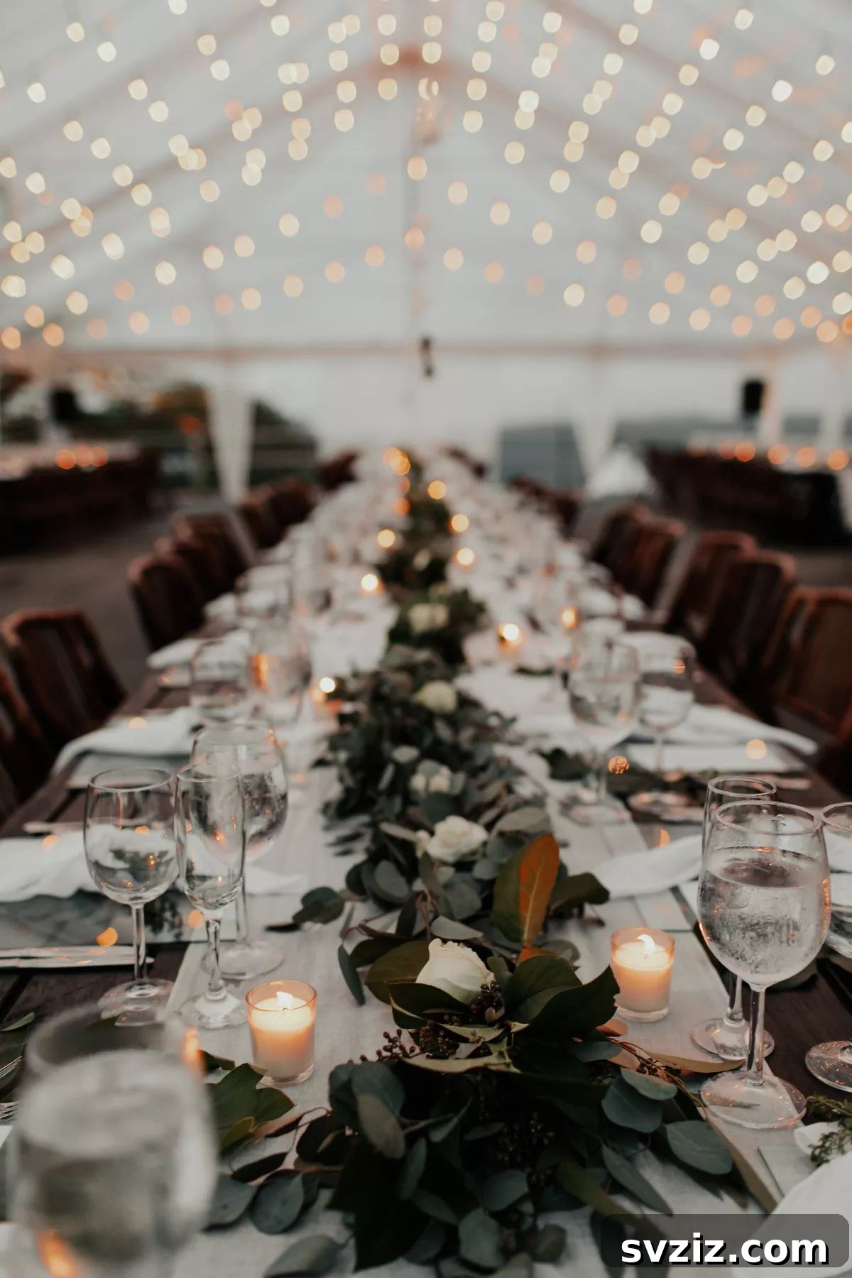 Elegant Leaf Table Runner made with silver dollar eucalyptus, enhancing a natural wedding theme.