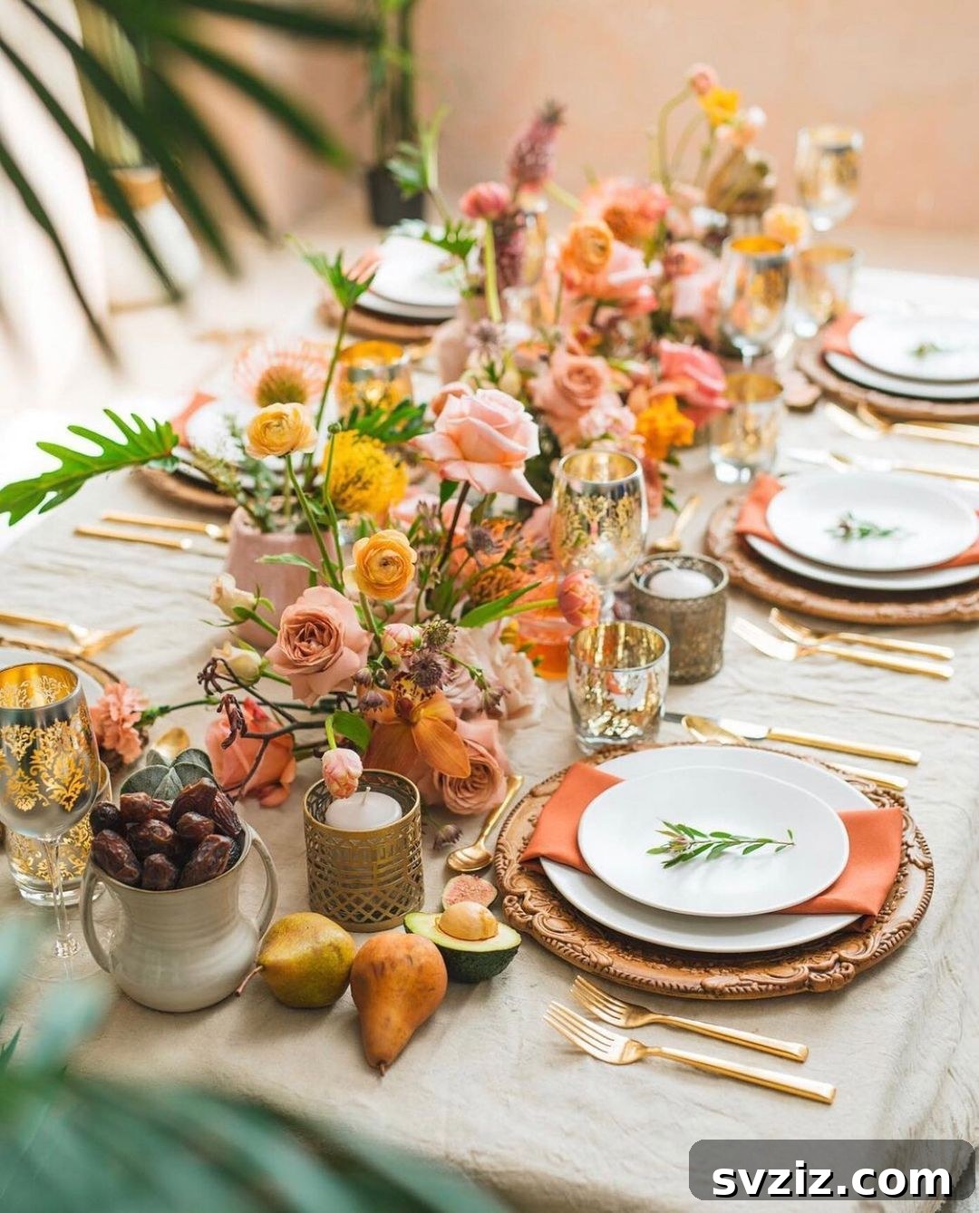 Lush wedding table with pears, dates, figs, apricots, bromeliads, and hothouse blooms, creating a rich color palette.