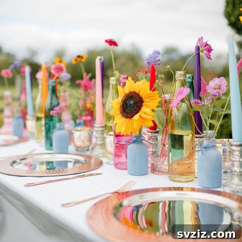 Vibrant wedding table with a lone sunflower, wildflowers, rainbow taper candles, and rose gold plates.