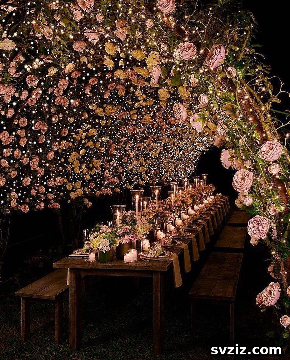 Spectacular outdoor wedding table with rows of candles, ground lights, and solar string fairy lights.