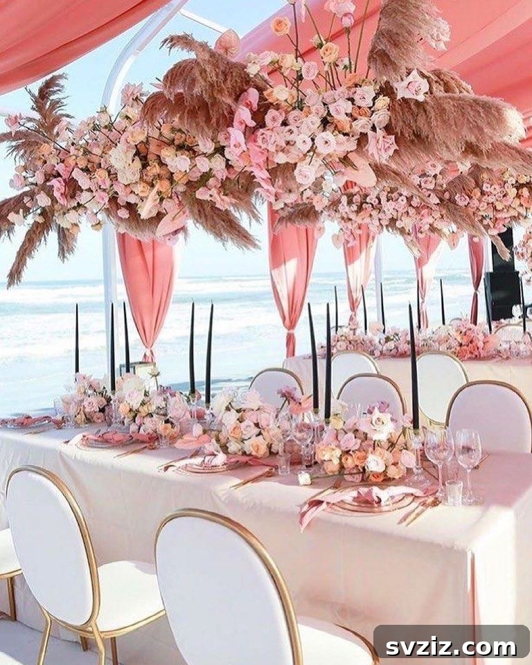 31 Next-Level Wedding Reception Ideas 13 Elegant blush pink and peach wedding reception decor