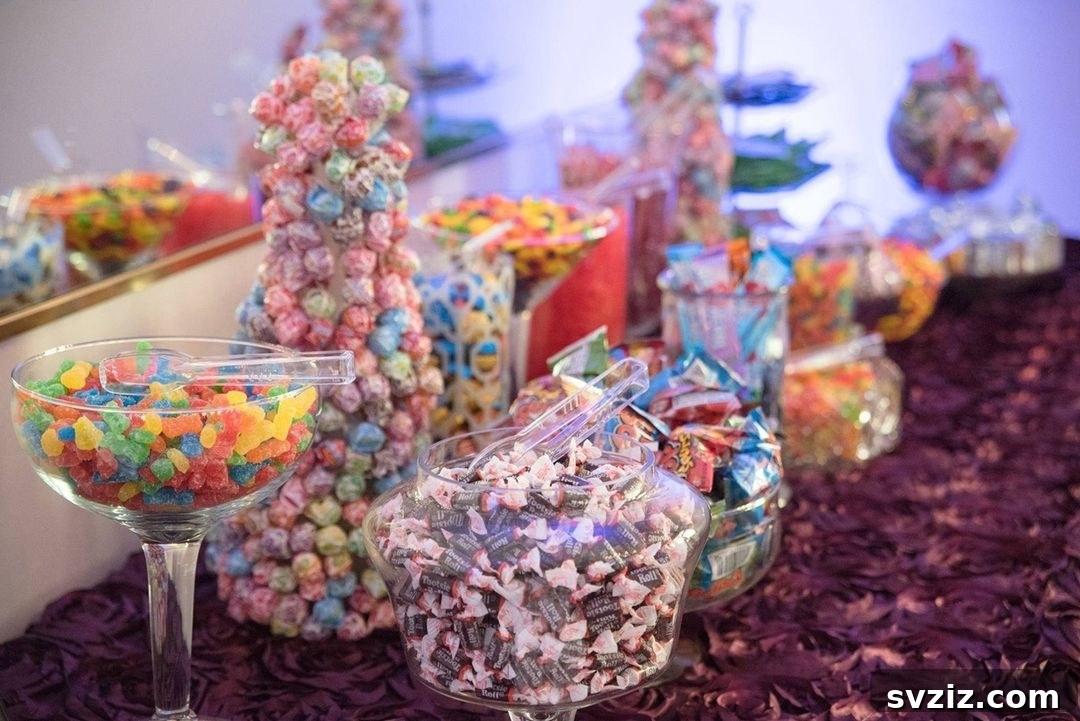 31 Next-Level Wedding Reception Ideas 15 Colorful candy corner at wedding reception