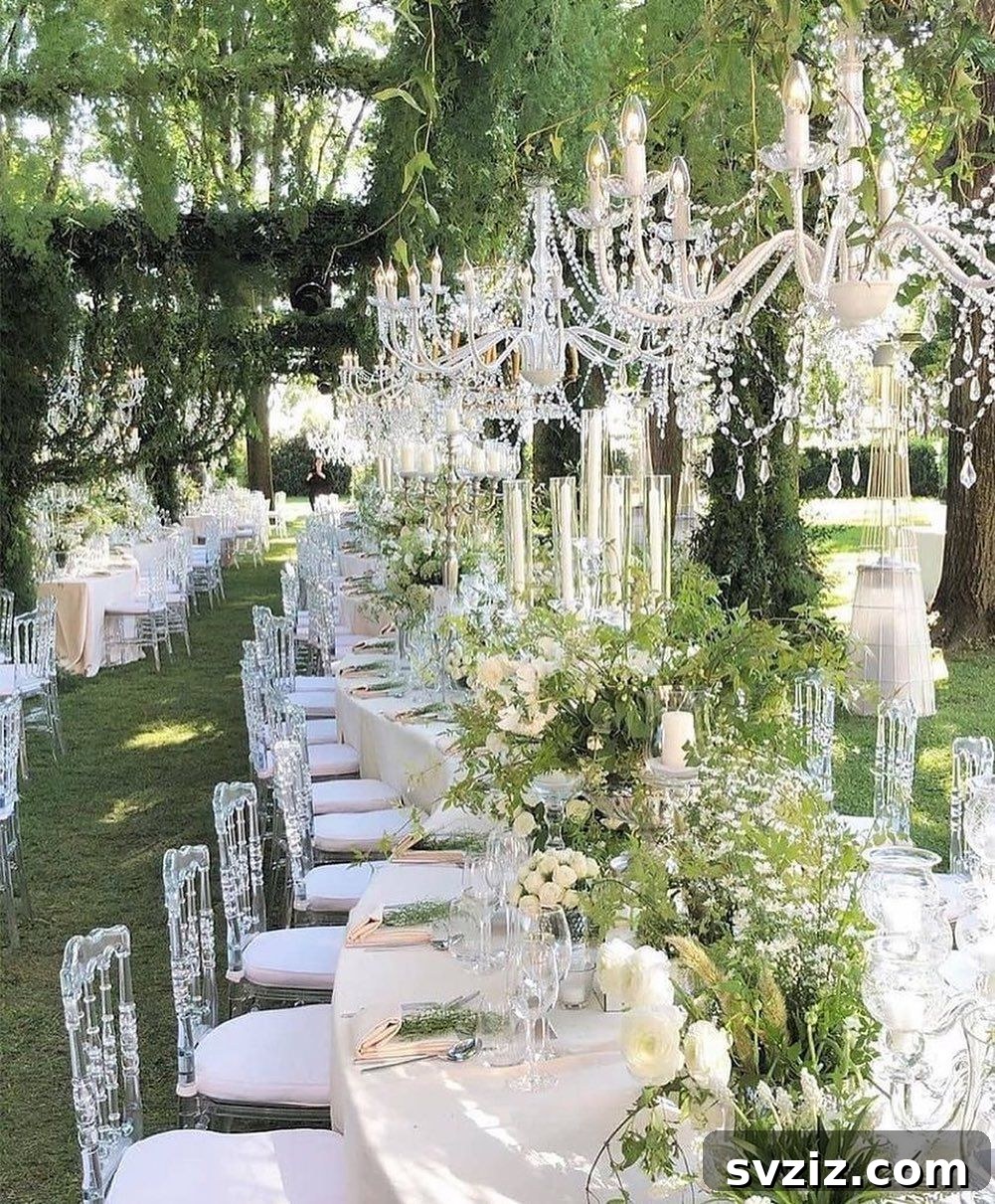 31 Next-Level Wedding Reception Ideas 16 Opulent garden wedding reception with chandeliers