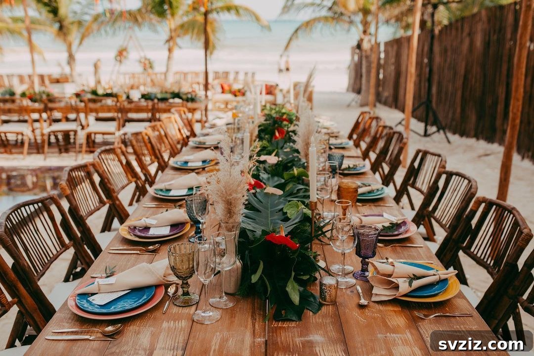 31 Next-Level Wedding Reception Ideas 24 Tropical wedding reception with palm leaves and colored plates